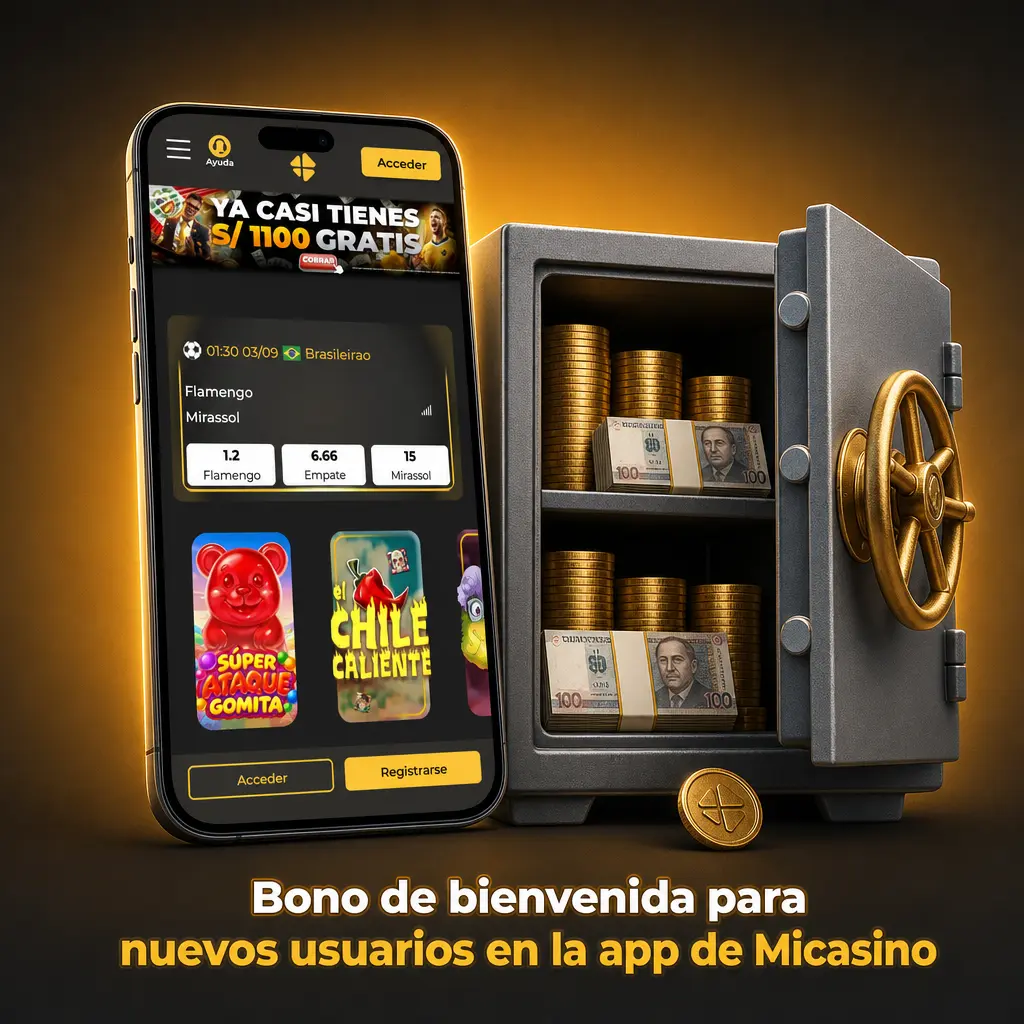 Bono de bienvenida en la app de Micasino para nuevos usuarios en Perú: elige entre bono de Deportes o Casino tras registrarte.