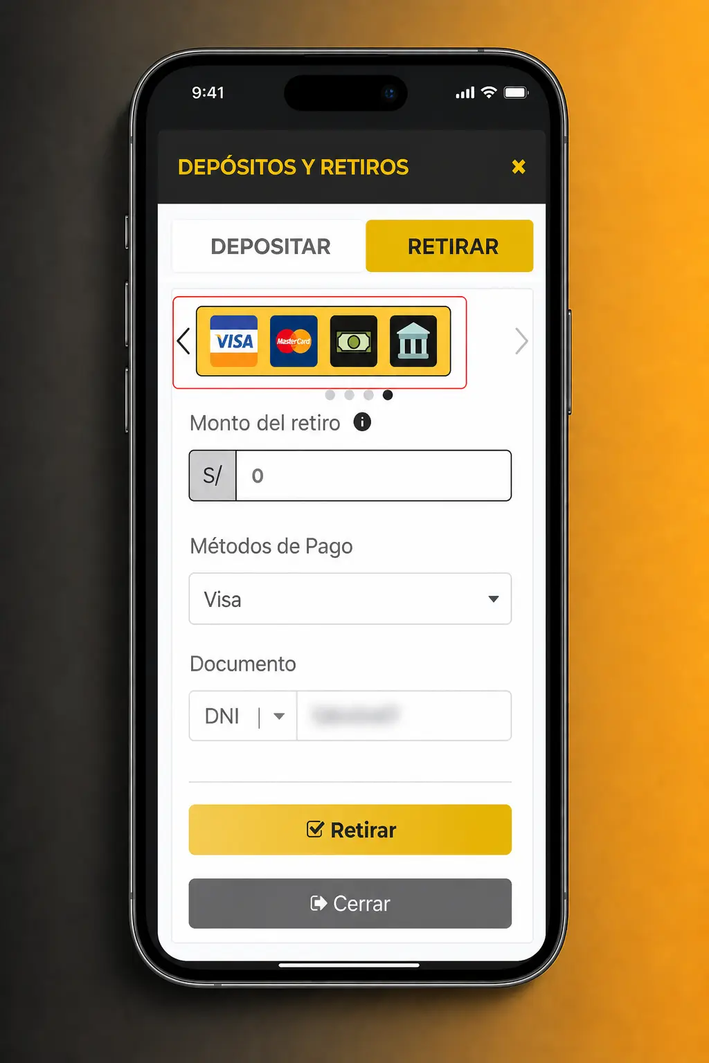 Pasos para retirar dinero desde la app de Micasino usando billetera, métodos de pago y confirmación del monto solicitado.