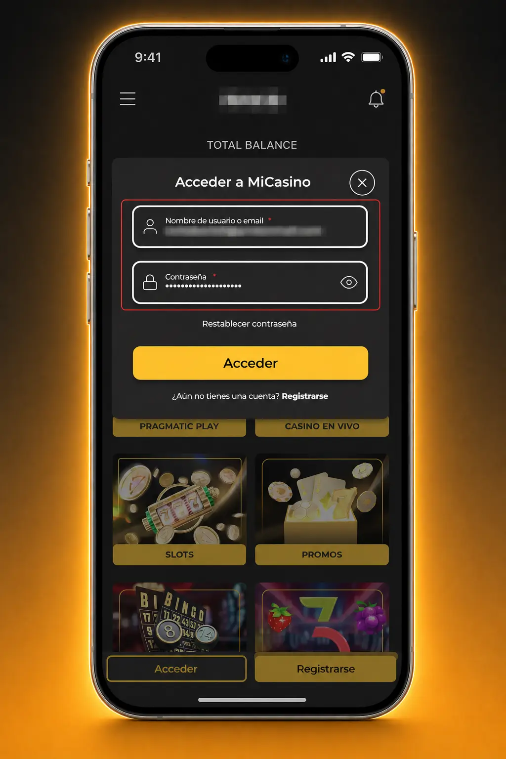 Pantalla de inicio de sesión en la app móvil de Micasino con acceso biométrico y campos de correo y contraseña.