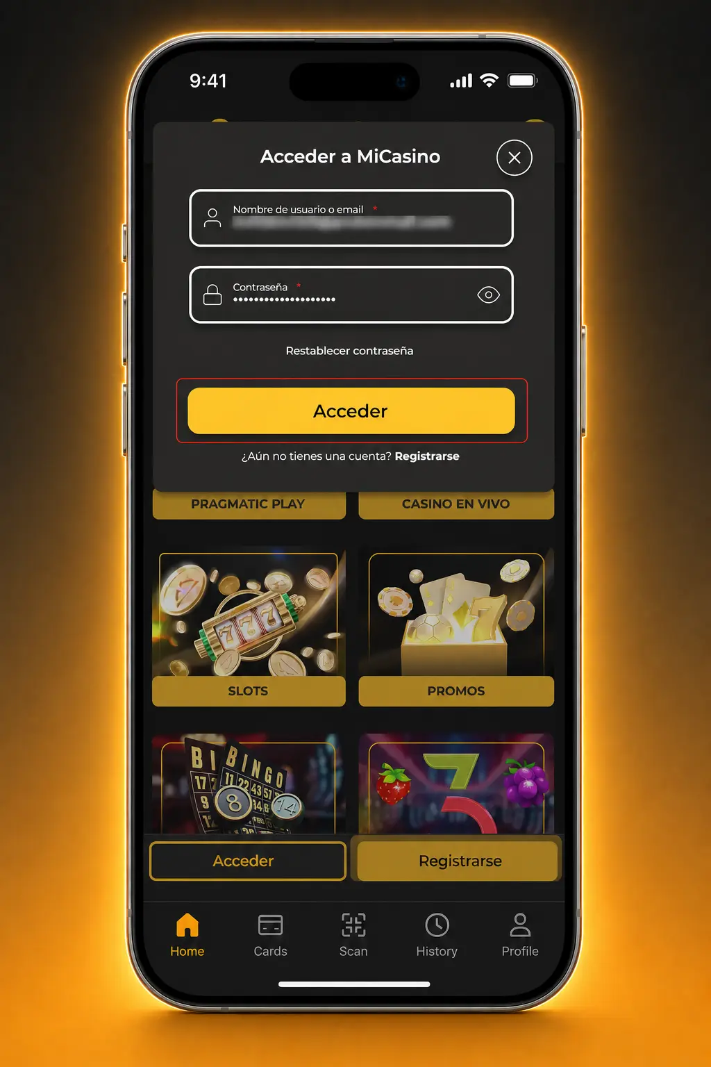 Pantalla de inicio de sesión en la app móvil de Micasino con acceso biométrico y campos de correo y contraseña.