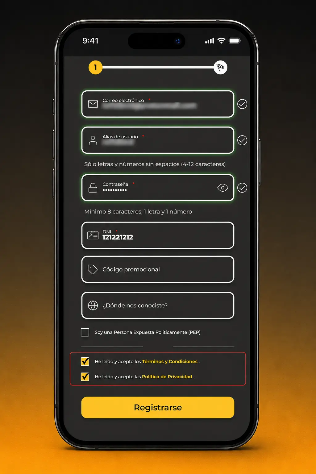 Pasos para registrarte en Micasino: completa datos, crea clave segura y acepta términos y condiciones.