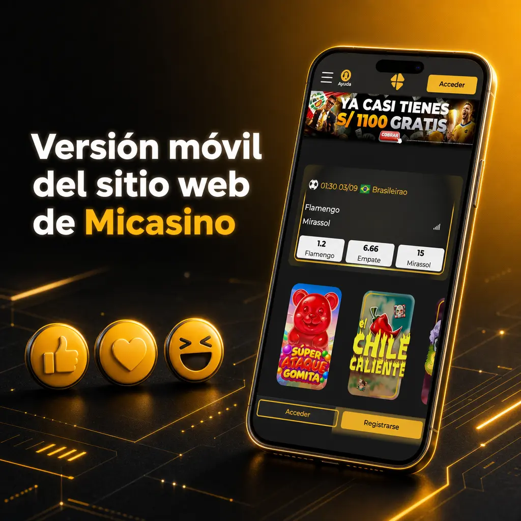 Versión móvil del sitio web de Micasino con apuestas deportivas, tragamonedas y casino en vivo desde el navegador en Perú.